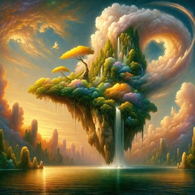 The primary subject of the image is a tree with a mushroom growing on it, situated in a lush, colorful forest. The setting is a serene, picturesque landscape with a body of water nearby. The visual style is a combination of digital art and illustration, creating a vibrant and imaginative scene. The colors and mood are lively and cheerful, with a sense of wonder and enchantment.